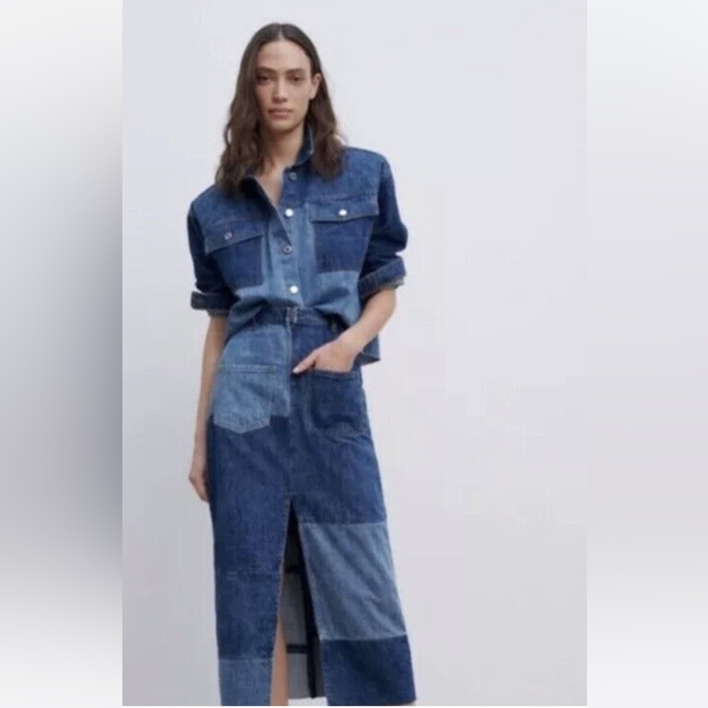 ZARA NWT THE 90s SKIRT. PATCHWORK DENIM COLORBLOCK SKIRT. Size S